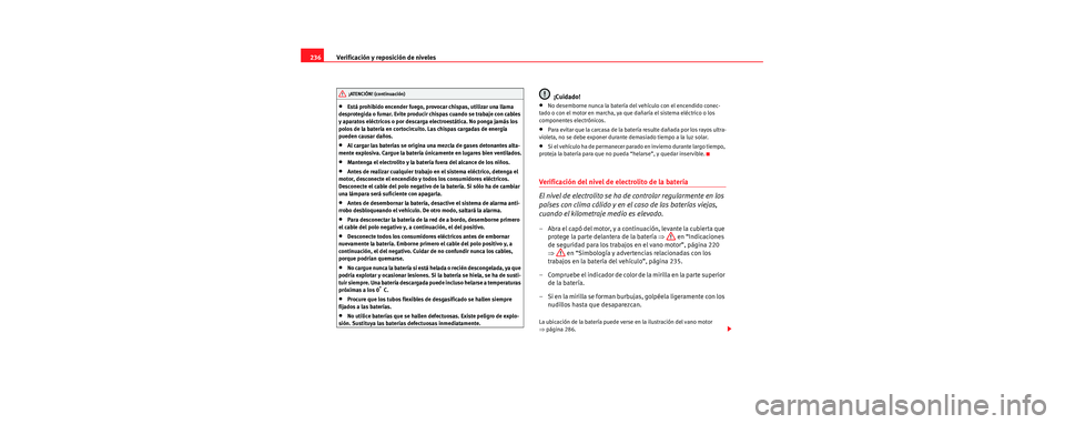 Seat Toledo 2006  Manual de instrucciones (in Spanish) Verificación y reposición de niveles
236
•Está prohibido encender fuego, provocar chispas, utilizar una llama 
desprotegida o fumar. Evite producir chispas cuando se trabaje con cables 
y aparato