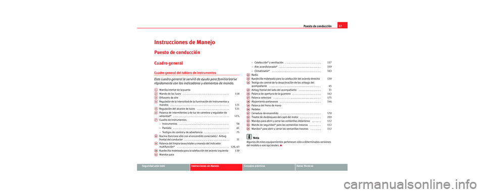 Seat Toledo 2006  Manual de instrucciones (in Spanish) Puesto de conducción57
Seguridad ante todoInstrucciones de ManejoConsejos prácticosDatos Técnicos
Instrucciones de Manejo
Puesto de conducción
Cuadro general
Cuadro general del tablero de instrume