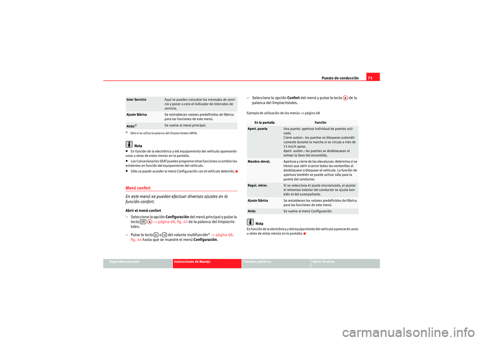 Seat Altea Freetrack 2009  Manual de instrucciones (in Spanish) Puesto de conducción75
Seguridad ante todo
Instrucciones de Manejo
Consejos prácticos
Datos Técnicos
Nota
•En función de la electrónica y del equipamiento del vehículo aparecerán 
unos u otro