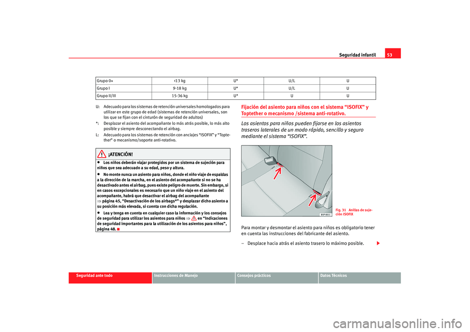 Seat Altea XL 2007  Manual de instrucciones (in Spanish) Seguridad infantil53
Seguridad ante todo
Instrucciones de Manejo
Consejos prácticos
Datos Técnicos
U: Adecuado para los sistemas de retención universales homologados para 
utilizar en este grupo de