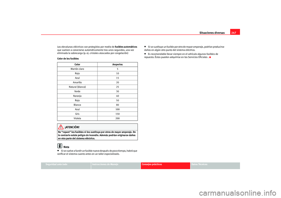 Seat Altea 2005  Manual de instrucciones (in Spanish) Situaciones diversas247
Seguridad ante todo
Instrucciones de Manejo
Consejos prácticos
Datos Técnicos
Los elevalunas eléctricos van protegidos por medio de 
fusibles automáticos 
que vuelven a con