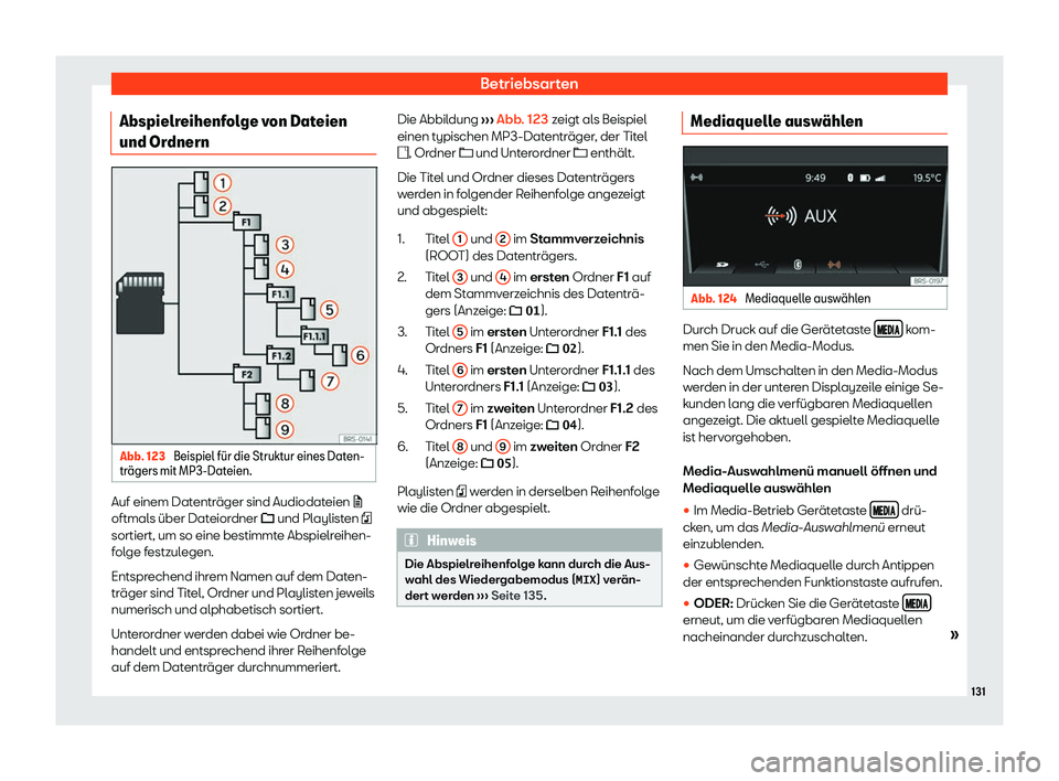 Seat Mii electric 2020  Betriebsanleitung (in German) Betriebsarten
Abspielreihenfolge von Dateien
und Or dnern Abb. 123 
Beispiel f