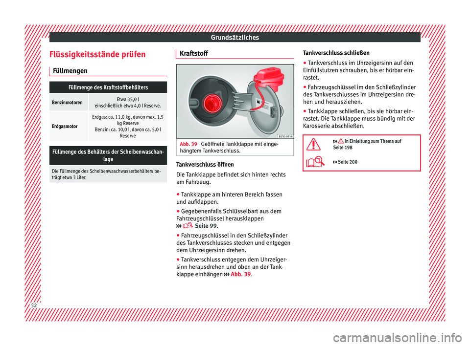 Seat Mii electric 2017 Betriebsanleitung (in German) Grundsätzliches
Flüssigkeitsstände prüfen Fül lmen
g
en
Füllmenge des Kraftstoffbehälters
BenzinmotorenEtwa 35,0 l
einschließlich etwa 4,0 l Reserve.
Erdgasmotor
Erdgas: ca. 11,0 kg, davon max Seat Mii electric 2017 Betriebsanleitung (in German) Grundsätzliches
Flüssigkeitsstände prüfen Fül lmen
g
en
Füllmenge des Kraftstoffbehälters
BenzinmotorenEtwa 35,0 l
einschließlich etwa 4,0 l Reserve.
Erdgasmotor
Erdgas: ca. 11,0 kg, davon max