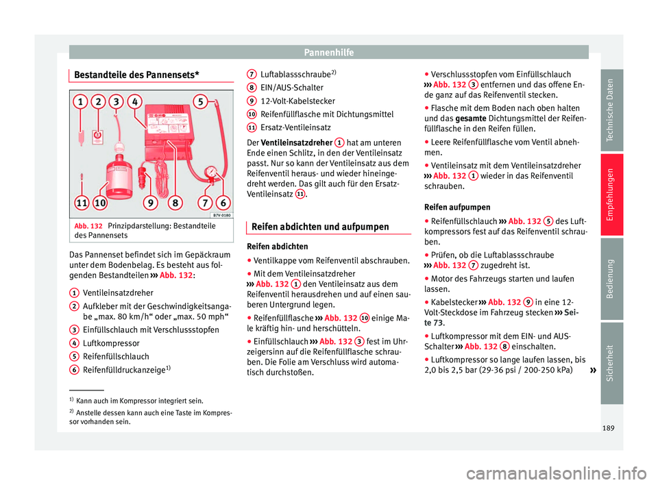 Seat Mii electric 2012 Betriebsanleitung (in German) Pannenhilfe
Bestandteile des Pannensets* Abb. 132
Prinzipdarstellung: Bestandteile
des Pannensets Das Pannenset befindet sich im Gepäckraum
unter dem Bodenbelag. Es besteht aus fol-
genden Bestandte Seat Mii electric 2012 Betriebsanleitung (in German) Pannenhilfe
Bestandteile des Pannensets* Abb. 132
Prinzipdarstellung: Bestandteile
des Pannensets Das Pannenset befindet sich im Gepäckraum
unter dem Bodenbelag. Es besteht aus fol-
genden Bestandte
