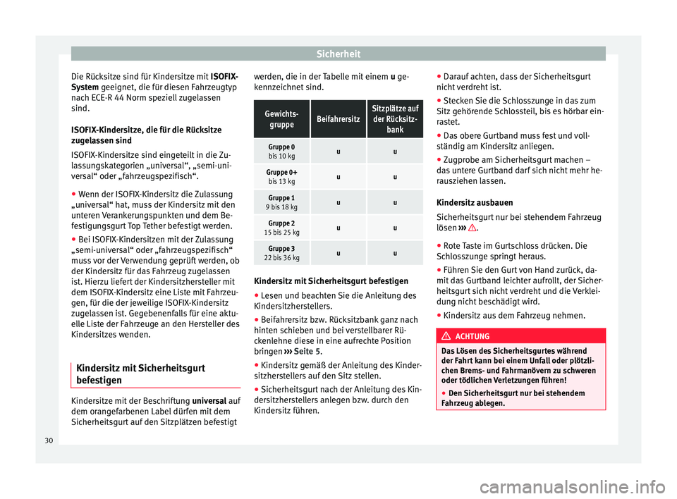 Seat Mii electric 2012 Betriebsanleitung (in German) Sicherheit
Die Rücksitze sind für Kindersitze mit ISOFIX-
System geeignet, die für diesen Fahrzeugtyp
n ac
h ECE-R 44 Norm speziell zugelassen
sind.
ISOFIX-Kindersitze, die für die Rücksitze
zu Seat Mii electric 2012 Betriebsanleitung (in German) Sicherheit
Die Rücksitze sind für Kindersitze mit ISOFIX-
System geeignet, die für diesen Fahrzeugtyp
n ac
h ECE-R 44 Norm speziell zugelassen
sind.
ISOFIX-Kindersitze, die für die Rücksitze
zu
