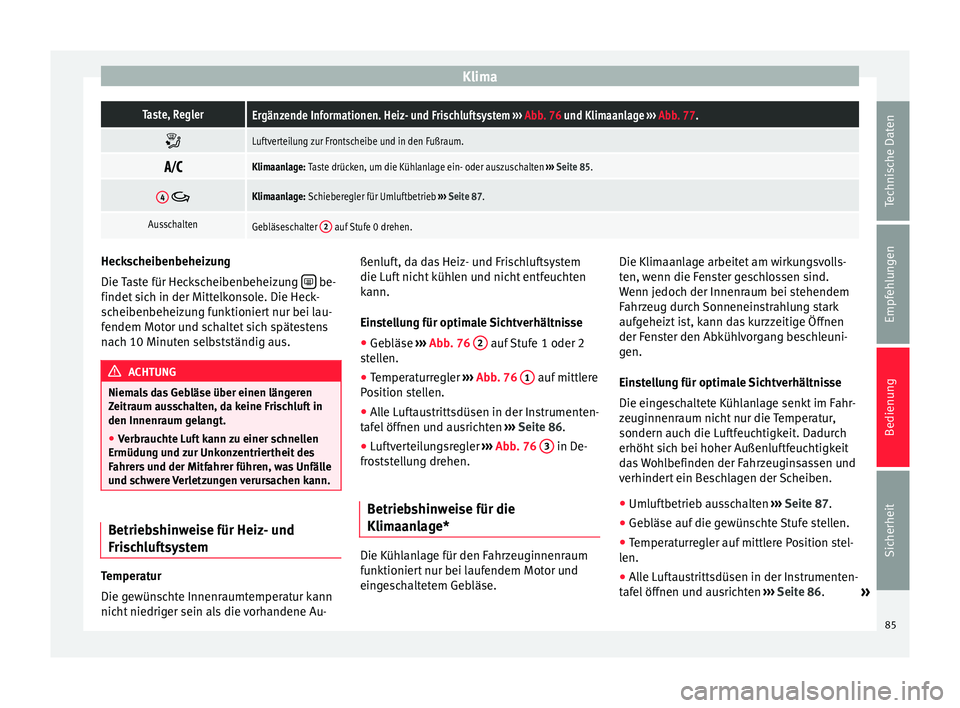 Seat Mii electric 2012 Betriebsanleitung (in German) KlimaTaste, ReglerErgänzende Informationen. Heiz- und Frischluftsystem
››› Abb. 76 und Klimaanlage ››› Abb. 77.
Luftverteilung zur Frontscheibe und in den Fußraum.
Klimaanlage: Seat Mii electric 2012 Betriebsanleitung (in German) KlimaTaste, ReglerErgänzende Informationen. Heiz- und Frischluftsystem
››› Abb. 76 und Klimaanlage ››› Abb. 77.
Luftverteilung zur Frontscheibe und in den Fußraum.
Klimaanlage: