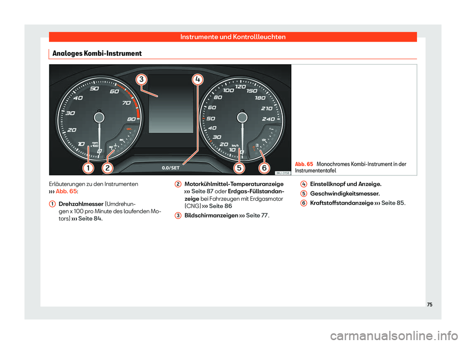 Seat Ibiza 2020  Betriebsanleitung (in German) Instrumente und Kontrollleuchten
Analoges Kombi-Instrument Abb. 65 
Monochromes Kombi-Instrument in der
Instrument ent
afel Erläuterungen zu den Instrumenten
› ›

›  Abb. 65:
Drehzahlmesser (Um