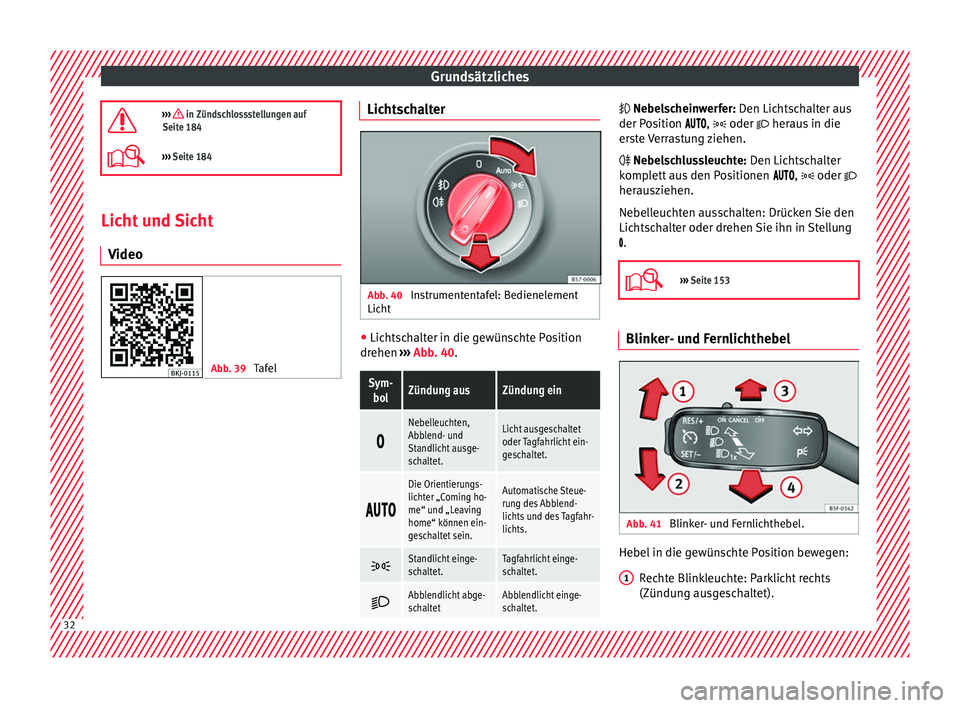 Seat Ibiza 2017 Betriebsanleitung (in German) Grundsätzliches
››› in Zündschlossstellungen auf
Seite 184
››› Seite 184 Licht und Sicht
V ideo Abb. 39
Tafel Lichtschalter
Abb. 40
Instrumententafel: Bedienelement
Lic ht ●
Seat Ibiza 2017 Betriebsanleitung (in German) Grundsätzliches
››› in Zündschlossstellungen auf
Seite 184
››› Seite 184 Licht und Sicht
V ideo Abb. 39
Tafel Lichtschalter
Abb. 40
Instrumententafel: Bedienelement
Lic ht ●