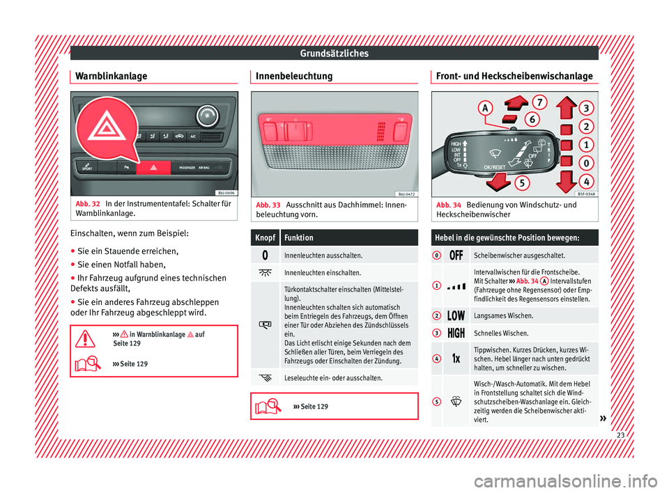 Seat Ibiza ST 2016  Betriebsanleitung (in German) Grundsätzliches
Warnblinkanlage Abb. 32 
In der Instrumententafel: Schalter für
W arnb
linkan
lage. Einschalten, wenn zum Beispiel:
● Sie ein Stauende erreichen,
● Sie einen Notfall haben,
● I
