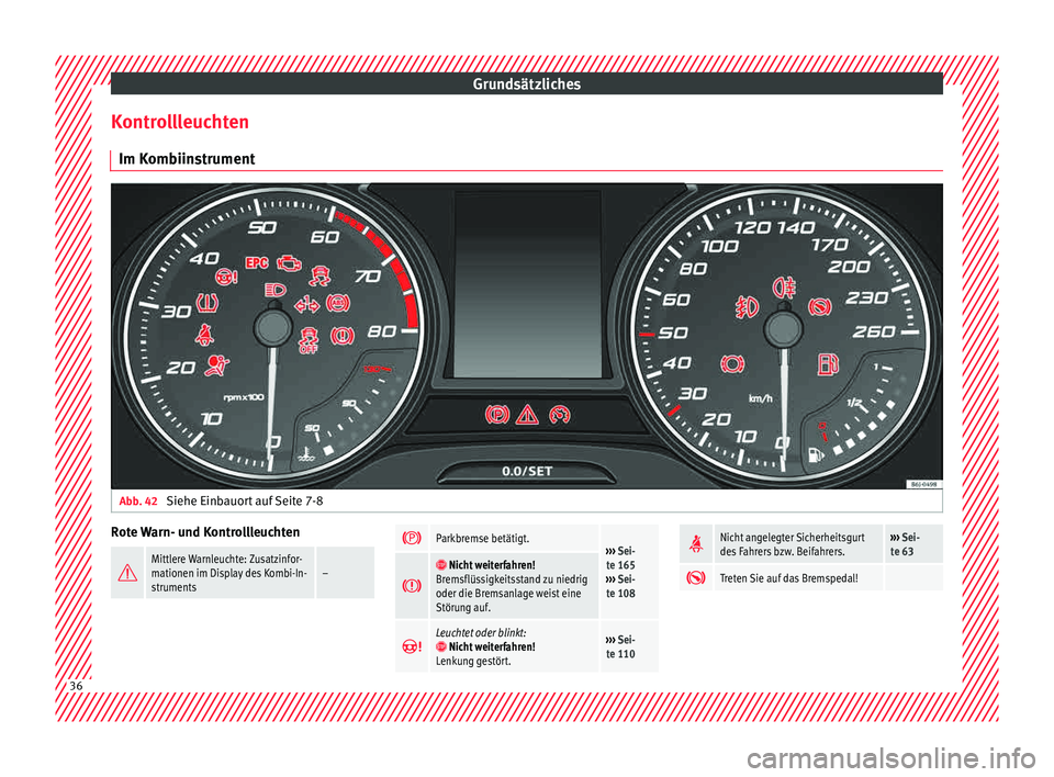 Seat Ibiza 5D 2015  Betriebsanleitung (in German) Grundsätzliches
Kontrollleuchten Im K omb
iin
strumentAbb. 42 
Siehe Einbauort auf Seite 7-8 Rote Warn- und Kontrollleuchten

Mittlere Warnleuchte: Zusatzinfor-
mationen im Display des Kombi-In-
s