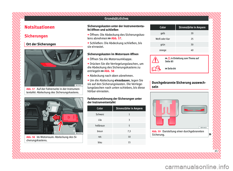 Seat Ibiza 5D 2015 Betriebsanleitung (in German) Grundsätzliches
Notsituationen Sic heru
n
gen
Ort der Sicherungen Abb. 57
Auf der Fahrerseite in der Instrumen-
t ent
af
el: Abdeckung des Sicherungskastens. Abb. 58
Im Motorraum: Abdeckung des Si Seat Ibiza 5D 2015 Betriebsanleitung (in German) Grundsätzliches
Notsituationen Sic heru
n
gen
Ort der Sicherungen Abb. 57
Auf der Fahrerseite in der Instrumen-
t ent
af
el: Abdeckung des Sicherungskastens. Abb. 58
Im Motorraum: Abdeckung des Si