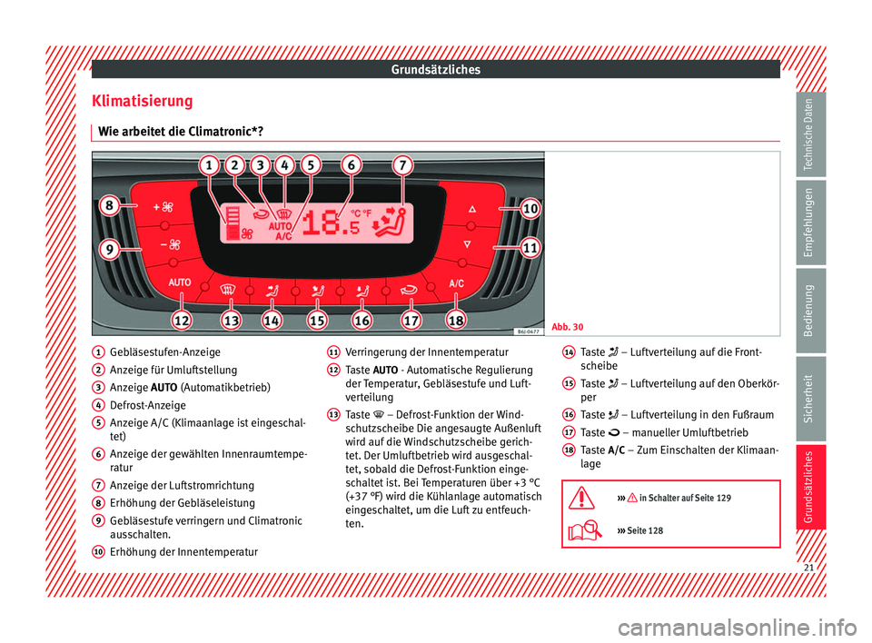 Seat Ibiza 5D 2013 Betriebsanleitung (in German) Grundsätzliches
Klimatisierung Wie arbeitet die Climatronic*? Abb. 30
Gebläsestufen-Anzeige
Anzeige für Umluftstellung
Anzeige
AUTO
(Automatikbetrieb)
D
efrost-Anzeige
Anzeige A/C (Klimaanlage Seat Ibiza 5D 2013 Betriebsanleitung (in German) Grundsätzliches
Klimatisierung Wie arbeitet die Climatronic*? Abb. 30
Gebläsestufen-Anzeige
Anzeige für Umluftstellung
Anzeige
AUTO
(Automatikbetrieb)
D
efrost-Anzeige
Anzeige A/C (Klimaanlage