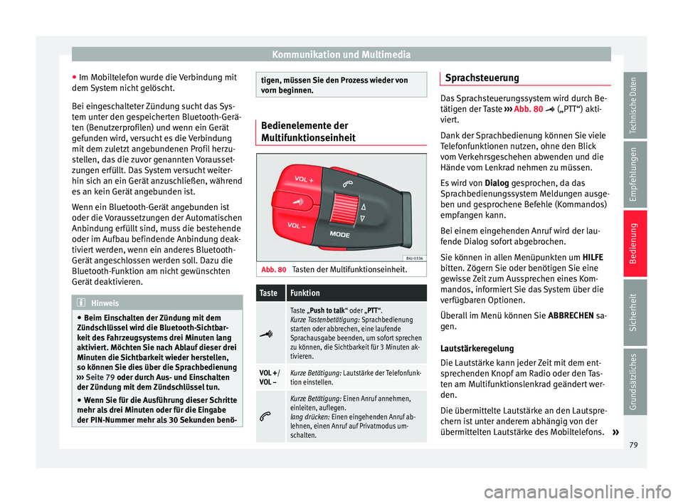 Seat Ibiza 5D 2013 Betriebsanleitung (in German) Kommunikation und Multimedia
● Im Mobiltelefon wurde die Verbindung mit
dem System nicht gelöscht.
Bei eingeschalteter Zündung sucht das Sys-
tem unter den gespeicherten Bluetooth-Gerä-
ten (Benu Seat Ibiza 5D 2013 Betriebsanleitung (in German) Kommunikation und Multimedia
● Im Mobiltelefon wurde die Verbindung mit
dem System nicht gelöscht.
Bei eingeschalteter Zündung sucht das Sys-
tem unter den gespeicherten Bluetooth-Gerä-
ten (Benu