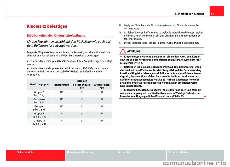Seat Ibiza 5D 2009 Betriebsanleitung (in German) 47
Sicherheit von Kindern
Kindersitz befestigen
Möglichkeiten der Kindersitzbefestigung
Kindersitze können sowohl auf den Rücksitzen wie auch auf
dem Beifahrersitz befestigt werden.
Folgende Mögli Seat Ibiza 5D 2009 Betriebsanleitung (in German) 47
Sicherheit von Kindern
Kindersitz befestigen
Möglichkeiten der Kindersitzbefestigung
Kindersitze können sowohl auf den Rücksitzen wie auch auf
dem Beifahrersitz befestigt werden.
Folgende Mögli