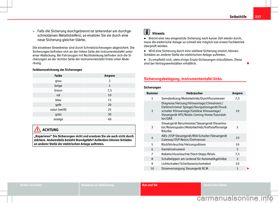 Seat Ibiza SC 2009  Betriebsanleitung (in German) 237
Selbsthilfe
– Falls die Sicherung durchgebrannt ist (erkennbar am durchge-
schmolzenen Metallstreifen), so ersetzen Sie sie durch eine
neue Sicherung gleicher Stärke.
Die einzelnen Stromkreise 
