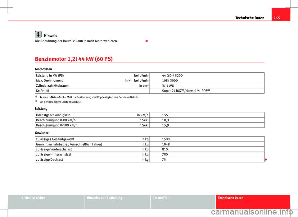 Seat Ibiza SC 2009  Betriebsanleitung (in German) 265
Technische Daten
Hinweis
Die Anordnung der Bauteile kann je nach Motor variieren. 
Benzinmotor 1,2l 44 kW (60 PS)
Motordaten Leistung in kW (PS) bei U/min   44 (60)/ 5200
Max. Drehmoment in Nm 