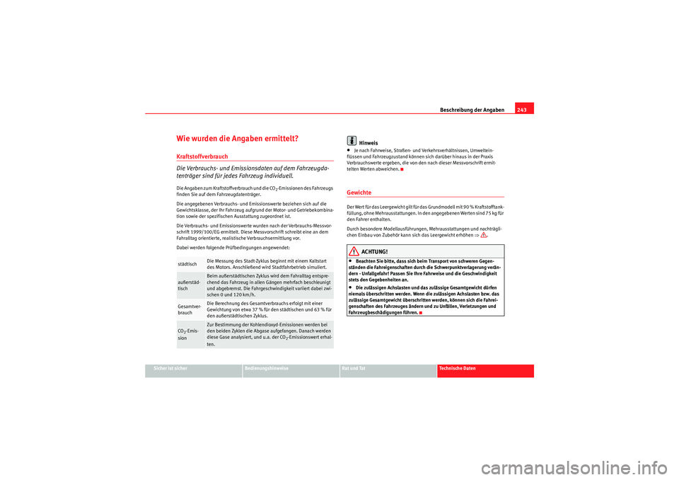 Seat Ibiza ST 2009 Betriebsanleitung (in German) Beschreibung der Angaben243
Sicher ist sicher
Bedienungshinweise
Rat und Tat
Te c h n i s c h e D a t e n
Wie wurden die Angaben ermittelt?Kraftstoffverbrauch
Die Verbrauchs- und Emissionsdaten auf d Seat Ibiza ST 2009 Betriebsanleitung (in German) Beschreibung der Angaben243
Sicher ist sicher
Bedienungshinweise
Rat und Tat
Te c h n i s c h e D a t e n
Wie wurden die Angaben ermittelt?Kraftstoffverbrauch
Die Verbrauchs- und Emissionsdaten auf d