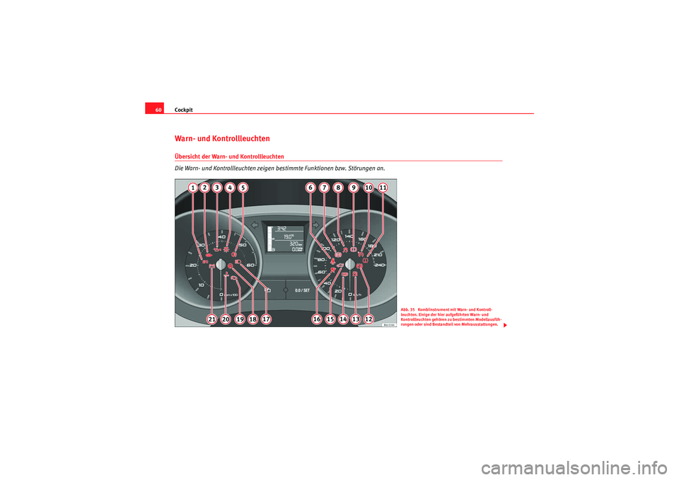 Seat Ibiza ST 2009  Betriebsanleitung (in German) Cockpit
60Warn- und Kontrollleuchten Übersicht der Warn- und Kontrollleuchten
Die Warn- und Kontrollleuchten zeigen bestimmte Funktionen bzw. Störungen an.
Abb. 35  Kombiinstrument mit Warn- und Kon