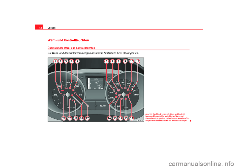 Seat Ibiza 5D 2008  Betriebsanleitung (in German) Cockpit
62Warn- und Kontrollleuchten Übersicht der Warn- und Kontrollleuchten 
Die Warn- und Kontrollleuchten zeigen bestimmte Funktionen bzw. Störungen an.
Abb. 36  Kombiinstrument mit Warn- und Ko