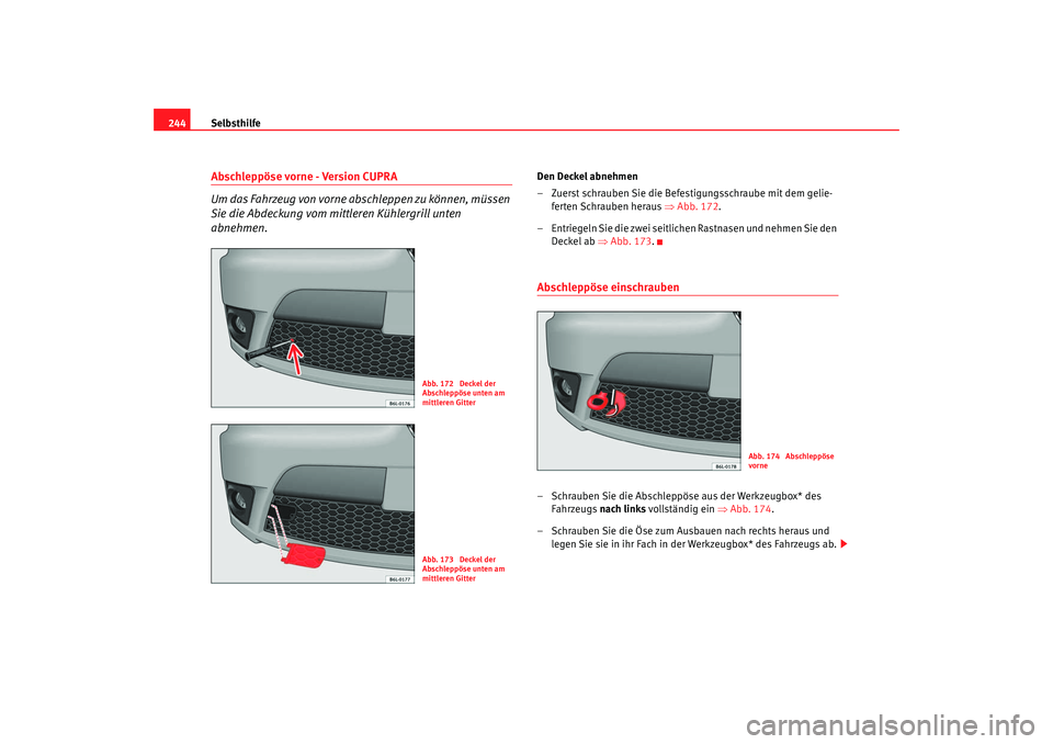 Seat Ibiza 5D 2007  Betriebsanleitung (in German) Selbsthilfe
244Abschleppöse vorne - Version CUPRA
Um das Fahrzeug von vorne abschleppen zu können, müssen 
Sie die Abdeckung vom mittleren Kühlergrill unten 
abnehmen.
Den Deckel abnehmen
– Zuer