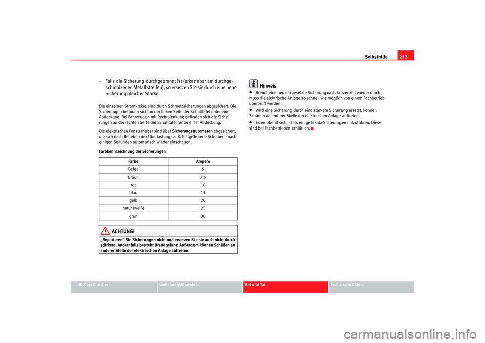 Seat Ibiza 5D 2005  Betriebsanleitung (in German) Selbsthilfe213
Sicher ist sicher
Bedienungshinweise
Rat und Tat
Technische Daten
– Falls die Sicherung durchgebrannt ist (erkennbar am durchge-
schmolzenen Metallstreifen), so ersetzen Sie sie durch