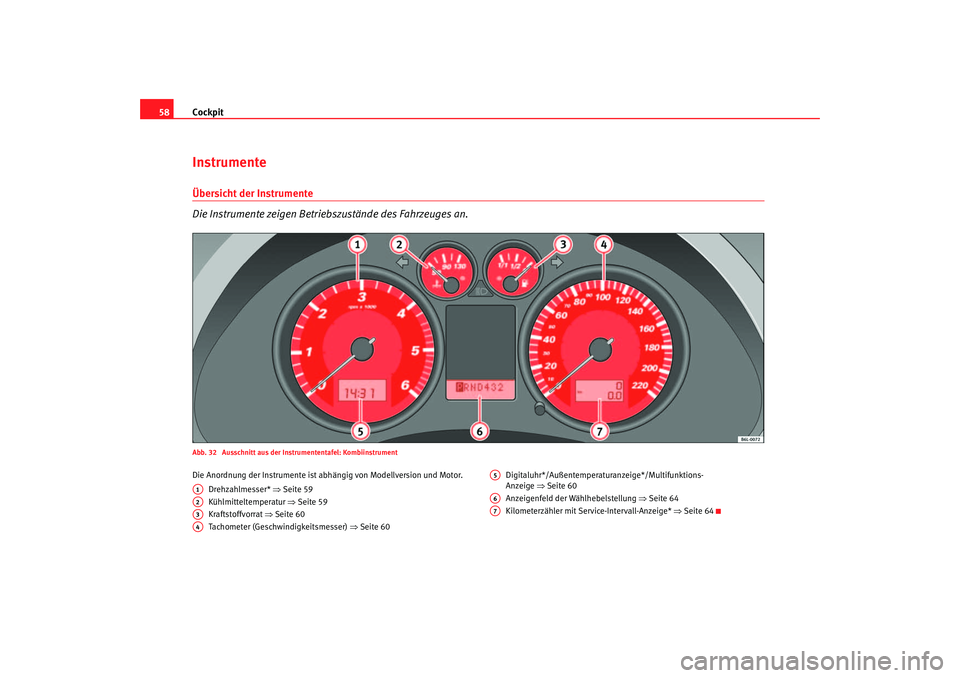 Seat Ibiza 5D 2005  Betriebsanleitung (in German) Cockpit
58InstrumenteÜbersicht der Instrumente 
Die Instrumente zeigen Betriebszustände des Fahrzeuges an.Abb. 32  Ausschnitt aus der Instrumententafel: KombiinstrumentDie Anordnung der Instrumente 