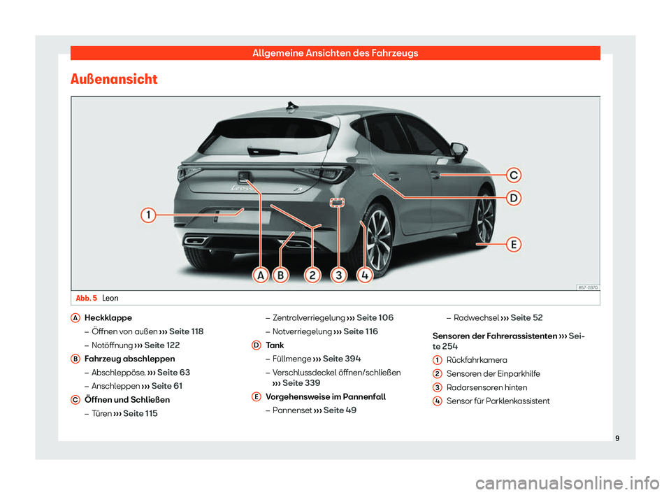Seat Neuer Leon 2020  Betriebsanleitung (in German) Allgemeine Ansichten des Fahrzeugs
Au