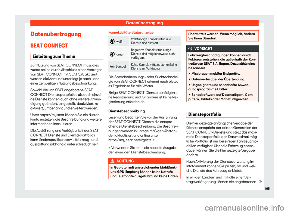 Seat Neuer Leon 2020  Betriebsanleitung (in German) Datenübertragung
Daten