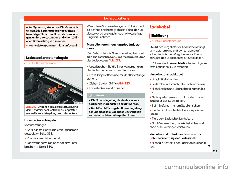 Seat Neuer Leon 2020  Betriebsanleitung (in German) Hochvoltbatterie
unter Spannung stehen und Schäden auf-
w
eisen. Die Spannung des Hochv
oltsys-
tems ist gefährlich und kann Verbrennun-
gen, andere Verletzungen und einen tödli-
chen Stromschlag v