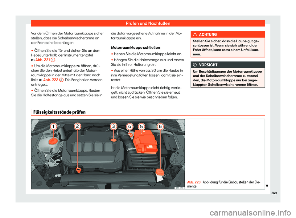 Seat Neuer Leon 2020  Betriebsanleitung (in German) Prüfen und Nachfüllen
Vor dem Öffnen der Motorraumklappe sicher
st ell
en, dass die Scheibenwischerarme an
der Frontscheibe anliegen.
