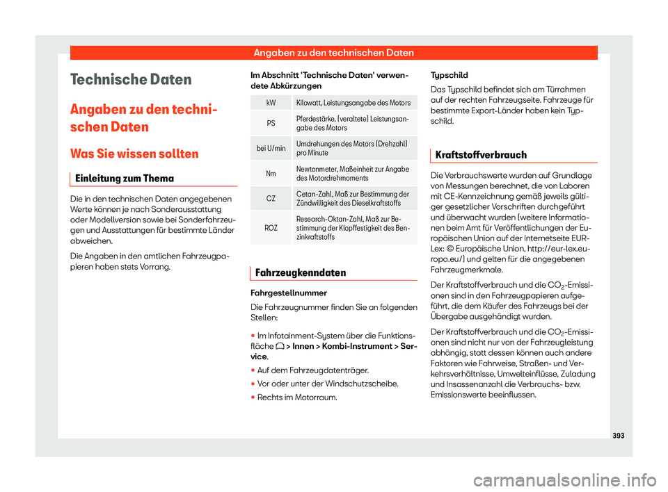 Seat Neuer Leon 2020  Betriebsanleitung (in German) Angaben zu den technischen Daten
Technische Daten
Angaben zu den t echni-
schen Dat
en
Was Sie wissen sollten Einleitung zum Thema Die in den technischen Daten angegebenen
W
ert

e können je nach Son