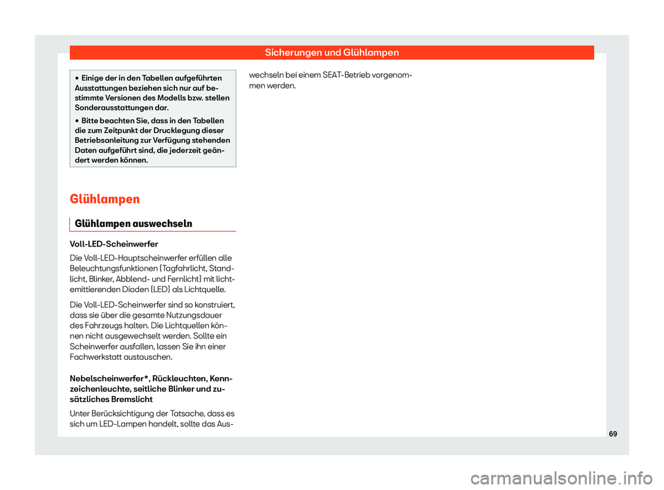 Seat Neuer Leon 2020  Betriebsanleitung (in German) Sicherungen und Glühlampen
