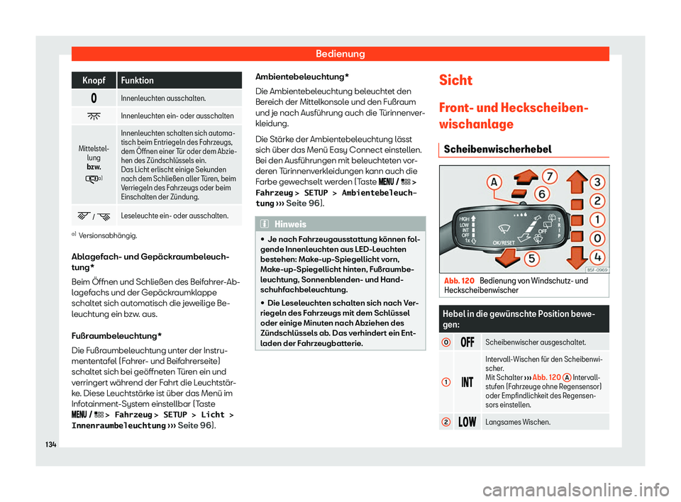 Seat Leon 2019  Betriebsanleitung (in German) Bedienung
Knopf Funktion
� Innenleuchten ausschalten.
� Innenleuchten ein- oder ausschalten
Mittelstel- lung
b zw
.
� a) Innenleuchten schalten sich automa-
tisch beim Entriegeln des F
ahrz

