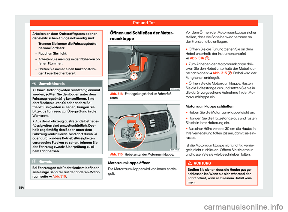 Seat Leon 2019  Betriebsanleitung (in German) Rat und Tat
Arbeiten an dem Kraftstoffsystem oder an
der el
ektrischen Anl
age notwendig sind:
�