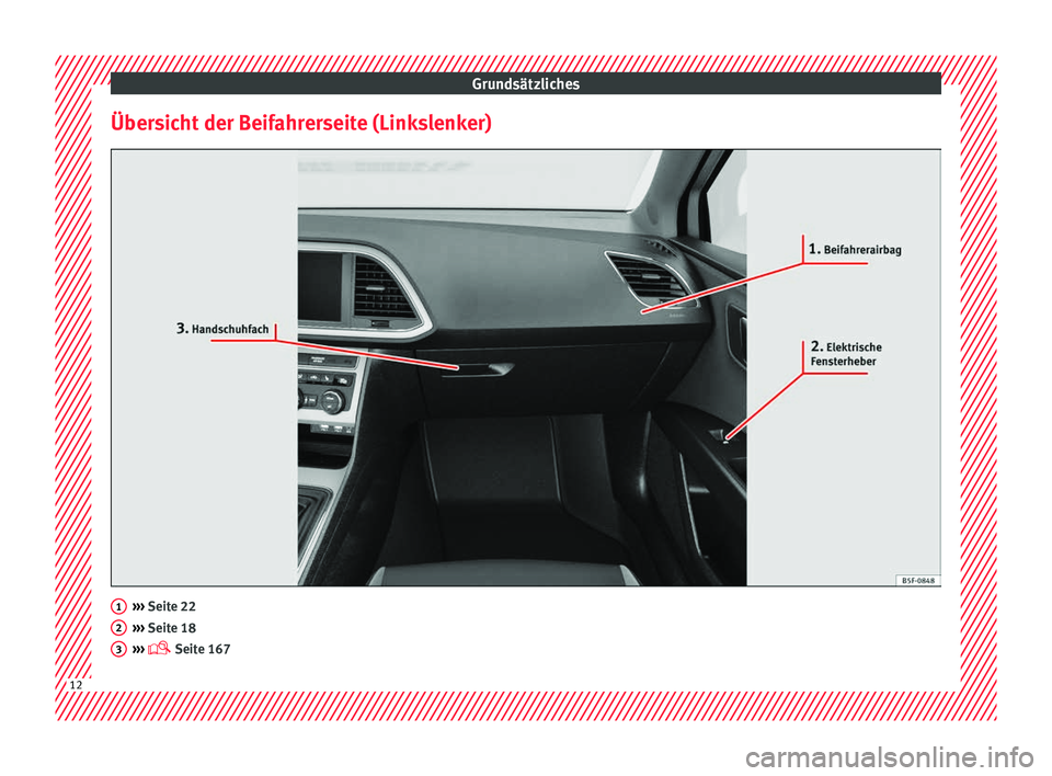 Seat Leon 5D 2017  Betriebsanleitung (in German) Grundsätzliches
Übersicht der Beifahrerseite (Linkslenker) ››› 
Seit e 22
› ›
› Seite 18
›››   Seite 167 1
2
3
12  