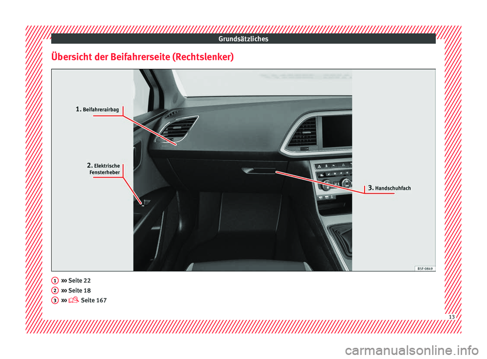 Seat Leon 5D 2017  Betriebsanleitung (in German) Grundsätzliches
Übersicht der Beifahrerseite (Rechtslenker) ››› 
Seit e 22
› ›
› Seite 18
›››   Seite 167 1
2
3
13  