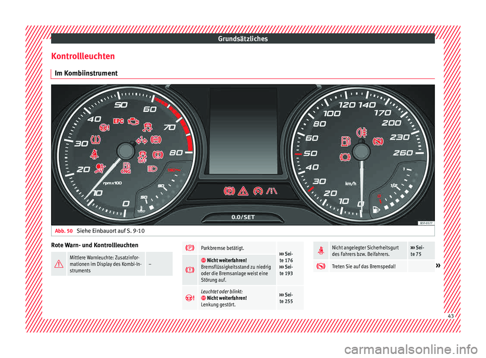 Seat Leon Sportstourer 2015  Betriebsanleitung (in German) Grundsätzliches
Kontrollleuchten Im K omb
iin
strumentAbb. 50 
Siehe Einbauort auf S. 9-10 Rote Warn- und Kontrollleuchten

Mittlere Warnleuchte: Zusatzinfor-
mationen im Display des Kombi-In-
str
