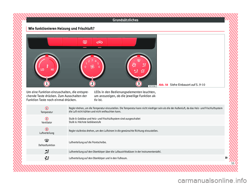 Seat Leon Sportstourer 2015  Betriebsanleitung (in German) Grundsätzliches
Wie funktionieren Heizung und Frischluft? Abb. 58 
Siehe Einbauort auf S. 9-10 Um eine Funktion einzuschalten, die entspre-
c
hende 
T
aste drücken. Zum Ausschalten der
Funktion Tast