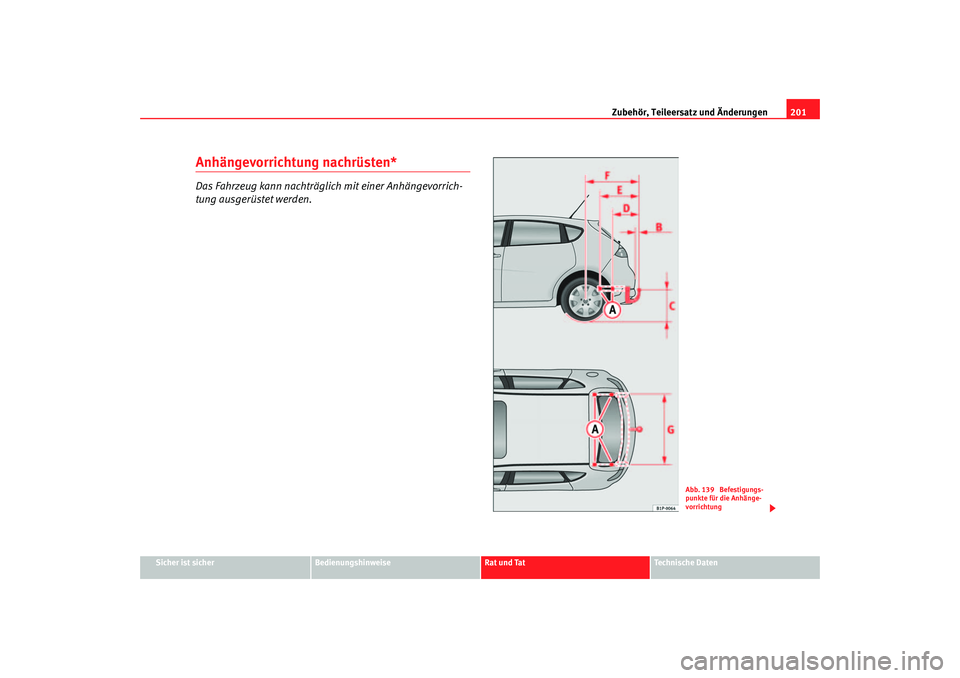 Seat Leon 5D 2006  Betriebsanleitung (in German) Zubehör, Teileersatz und Änderungen201
Sicher ist sicher
Bedienungshinweise
Rat und Tat
Technische Daten
Anhängevorrichtung nachrüsten*Das Fahrzeug kann nachträglich mit einer Anhängevorrich-
tu