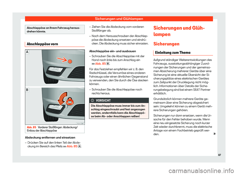 Seat Toledo 2018  Betriebsanleitung (in German) Sicherungen und Gl