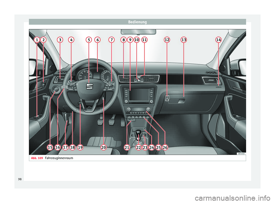 Seat Toledo 2016  Betriebsanleitung (in German) Bedienung
Abb. 109 
Fahrzeuginnenraum98 