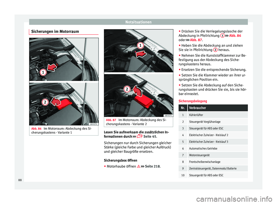 Seat Toledo 2015 Betriebsanleitung (in German) Notsituationen
Sicherungen im Motorraum Abb. 86
Im Motorraum: Abdeckung des Si-
c heru
n
gskastens - Variante 1 Abb. 87
Im Motorraum: Abdeckung des Si-
c heru
n
gskastens - Variante 2 Lesen Sie auf Seat Toledo 2015 Betriebsanleitung (in German) Notsituationen
Sicherungen im Motorraum Abb. 86
Im Motorraum: Abdeckung des Si-
c heru
n
gskastens - Variante 1 Abb. 87
Im Motorraum: Abdeckung des Si-
c heru
n
gskastens - Variante 2 Lesen Sie auf