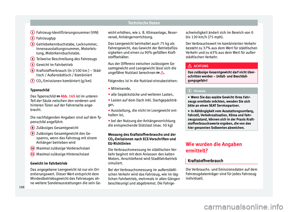 Seat Toledo 2012 Betriebsanleitung (in German) Technische Daten
Fahrzeug-Identifizierungsnummer (VIN)
Fahrzeugtyp
Getriebekennbuchstabe, Lacknummer,
Innenausstattungsnummer, Motorleis-
tung, Motorkennbuchstabe.
Teilweise Beschreibung des Fahrzeugs Seat Toledo 2012 Betriebsanleitung (in German) Technische Daten
Fahrzeug-Identifizierungsnummer (VIN)
Fahrzeugtyp
Getriebekennbuchstabe, Lacknummer,
Innenausstattungsnummer, Motorleis-
tung, Motorkennbuchstabe.
Teilweise Beschreibung des Fahrzeugs