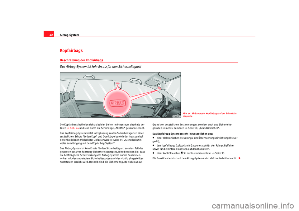 Seat Toledo 2006  Betriebsanleitung (in German) Airbag-System
42KopfairbagsBeschreibung der Kopfairbags
Das Airbag-System ist kein Ersatz für den Sicherheitsgurt!Die Kopfairbags befinden sich zu beiden Seiten im Innenraum oberhalb der 
Türen  ⇒