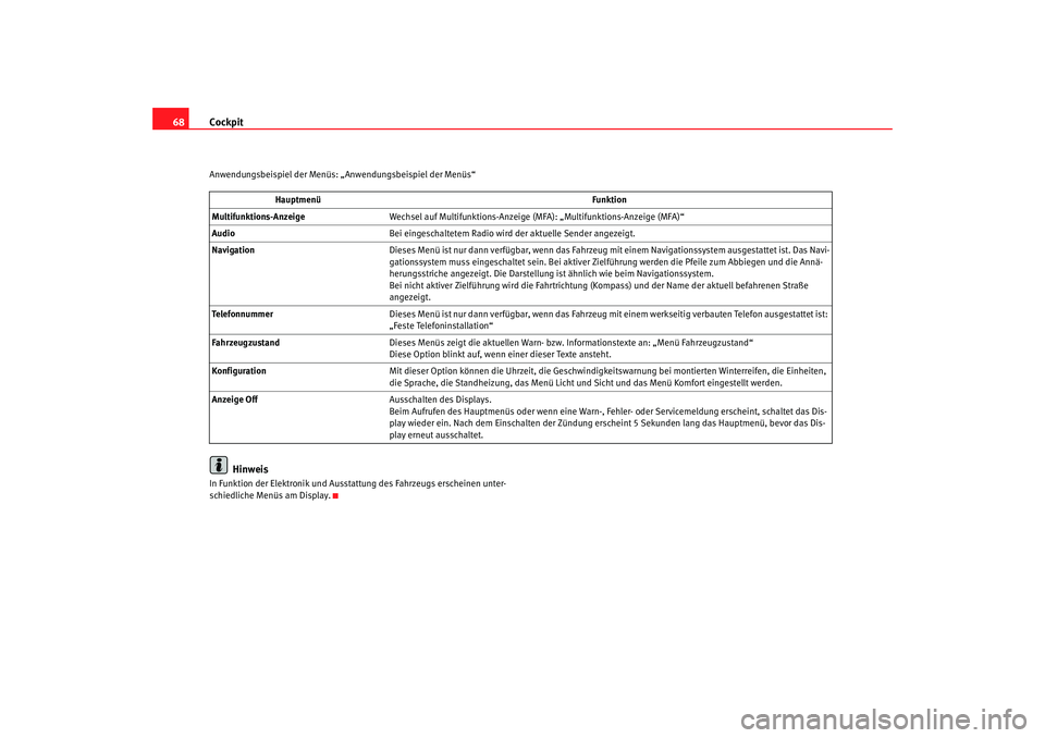 Seat Toledo 2006  Betriebsanleitung (in German) Cockpit
68Anwendungsbeispiel der Menüs:  „Anwendungsbeispiel der Menüs“
Hinweis
In Funktion der Elektronik und Ausstattung des Fahrzeugs erscheinen unter-
schiedliche Menüs am Display.Hauptmen