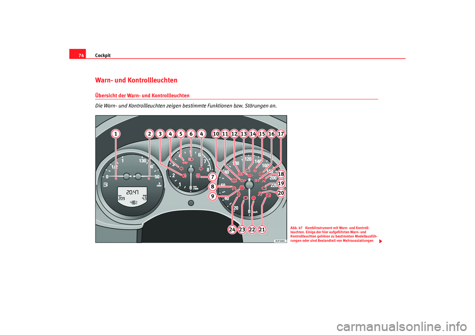 Seat Toledo 2006  Betriebsanleitung (in German) Cockpit
74Warn- und Kontrollleuchten Übersicht der Warn- und Kontrollleuchten
Die Warn- und Kontrollleuchten zeigen bestimmte Funktionen bzw. Störungen an.
Abb. 47  Kombiinstrument mit Warn- und Kon