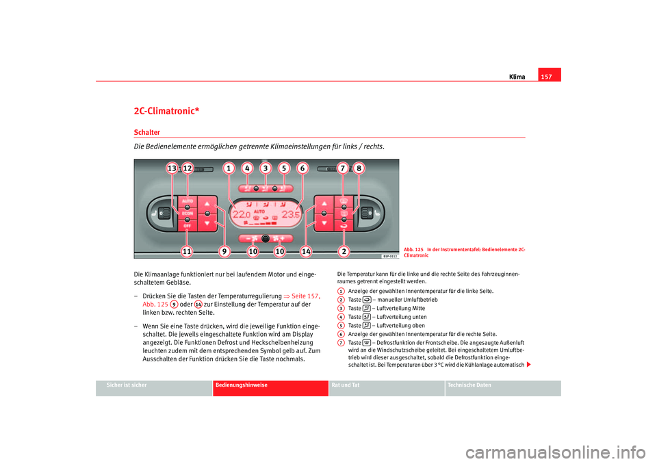 Seat Toledo 2005  Betriebsanleitung (in German) Klima157
Sicher ist sicher
Bedienungshinweise
Rat und Tat
Technische Daten
2C-Climatronic*Schalter
Die Bedienelemente ermöglichen getrennte Klimaeinstellungen für links / rechts.Die Klimaanlage funk