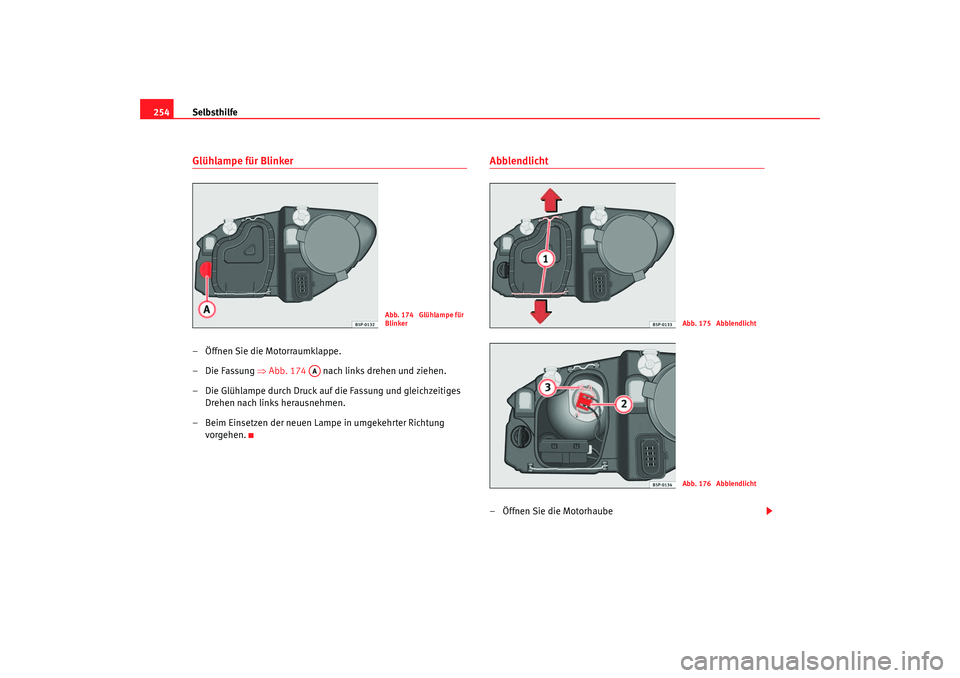 Seat Toledo 2005  Betriebsanleitung (in German) Selbsthilfe
254Glühlampe für Blinker– Öffnen Sie die Motorraumklappe.
– Die Fassung  ⇒Abb. 174    nach links drehen und ziehen.
– Die Glühlampe durch Druck auf die Fassung und gleichzeitig