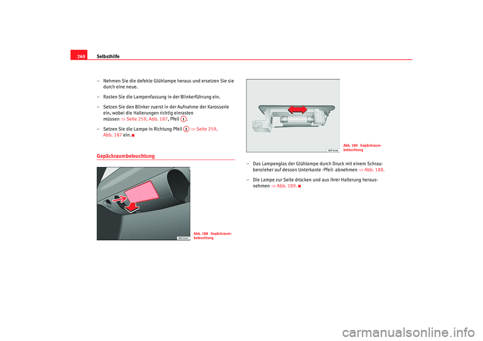 Seat Toledo 2005  Betriebsanleitung (in German) Selbsthilfe
260
– Nehmen Sie die defekte Glühlampe heraus und ersetzen Sie sie durch eine neue.
– Rasten Sie die Lampenfassung in der Blinkerführung ein.
– Setzen Sie den Blinker zuerst in der