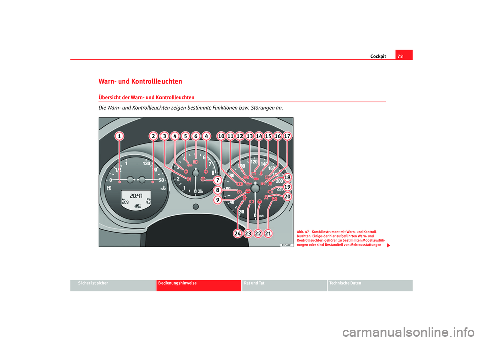 Seat Toledo 2005  Betriebsanleitung (in German) Cockpit73
Sicher ist sicher
Bedienungshinweise
Rat und Tat
Technische Daten
Warn- und Kontrollleuchten Übersicht der Warn- und Kontrollleuchten
Die Warn- und Kontrollleuchten zeigen bestimmte Funktio